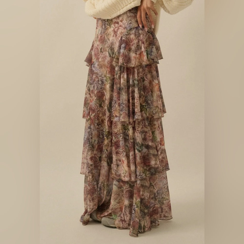 609. Promesa Floral Maxi Skirt with Ruffle Details