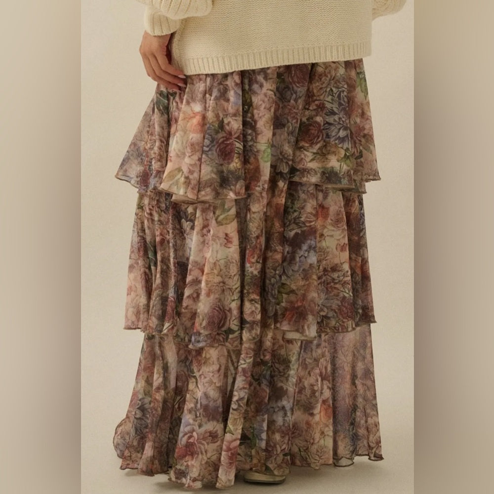 609. Promesa Floral Maxi Skirt with Ruffle Details
