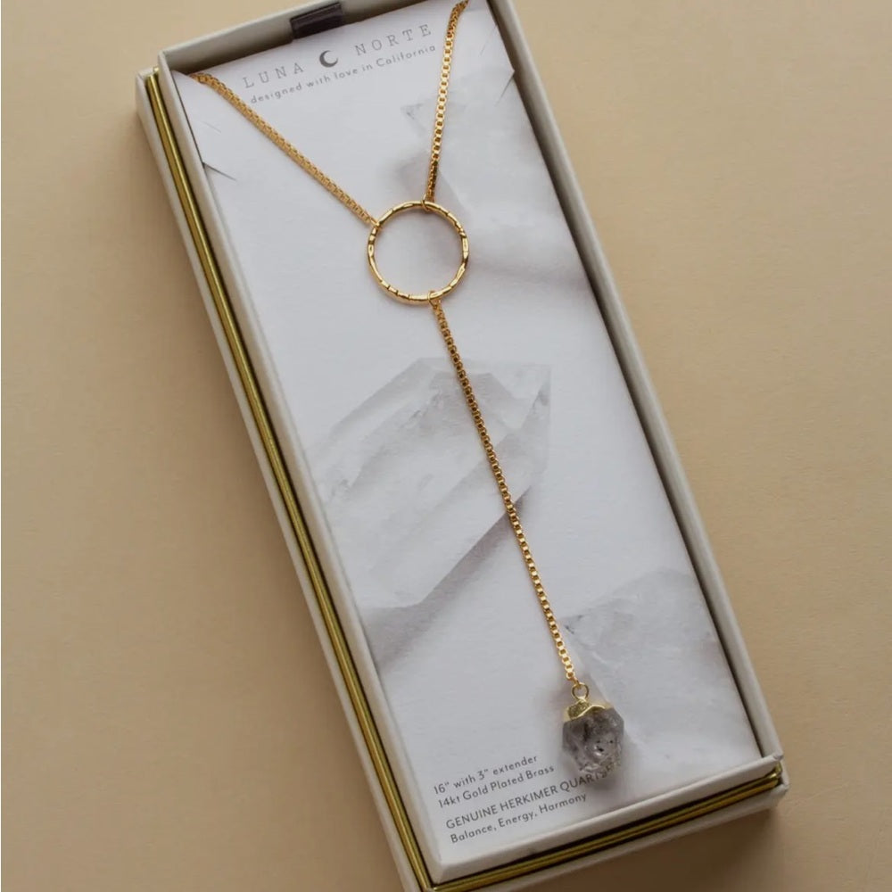 614. Always On the Run Y Necklace- Herkimer Quartz