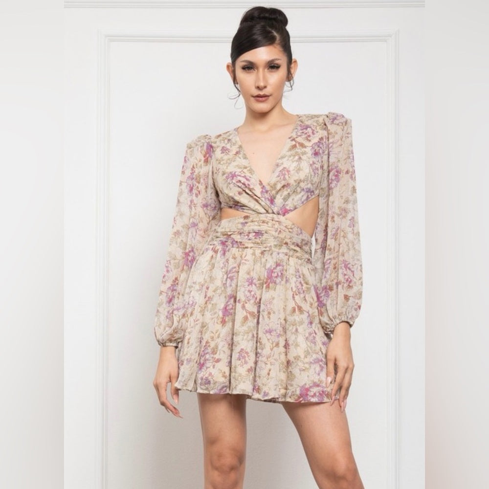 618. Floral Cutout Long Sleeve Mini Dress With Puffed Shoulders Beige & Pink