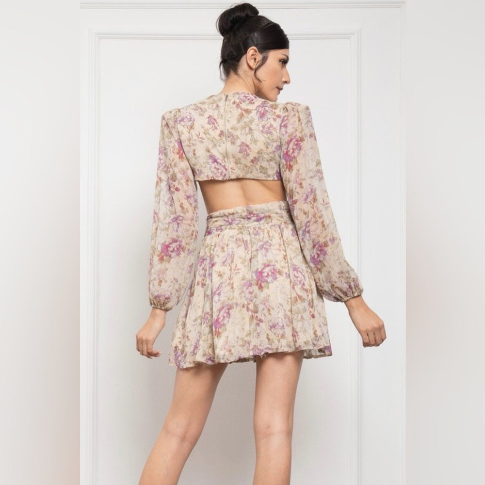 618. Floral Cutout Long Sleeve Mini Dress With Puffed Shoulders Beige & Pink