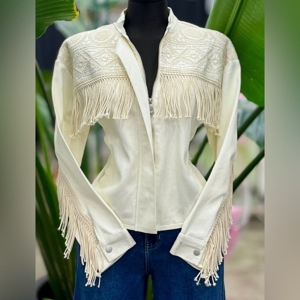 622. Cream Fringe Jacket with Embroidered Detail