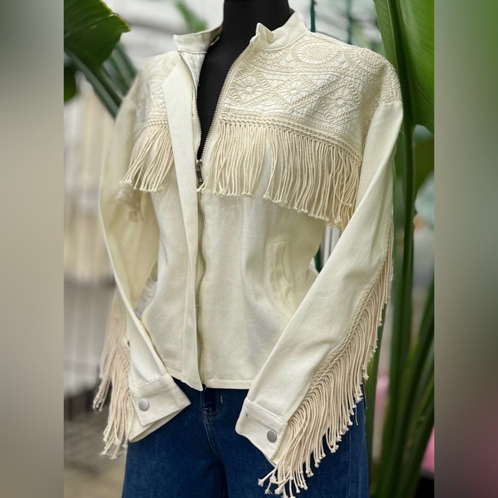 622. Cream Fringe Jacket with Embroidered Detail