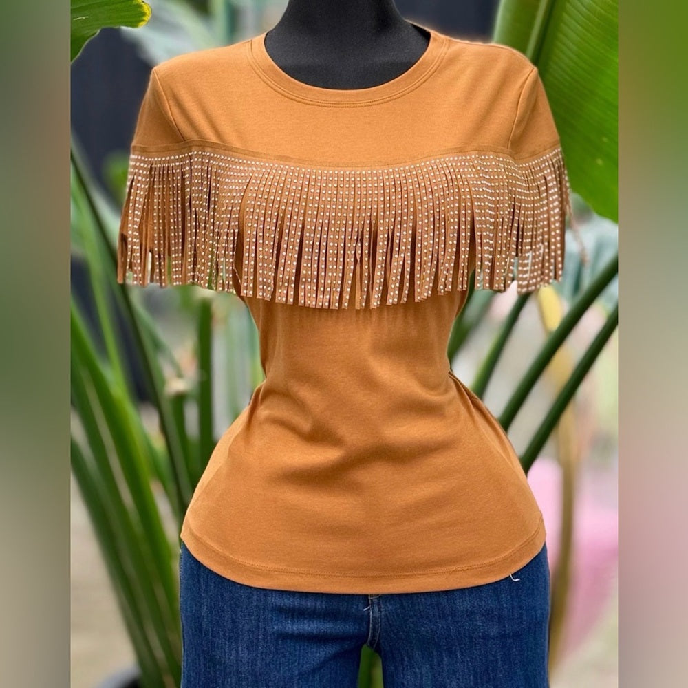 623. Fringe Embellished Rust Top