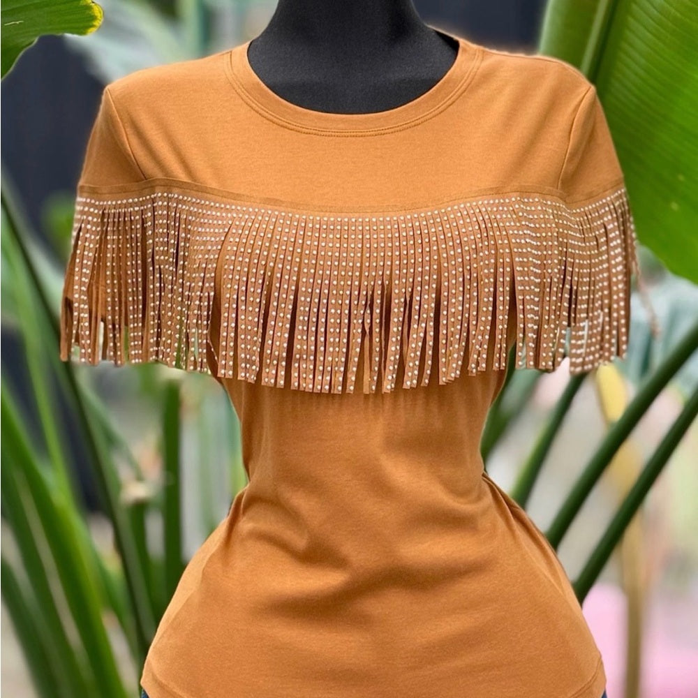 623. Fringe Embellished Rust Top
