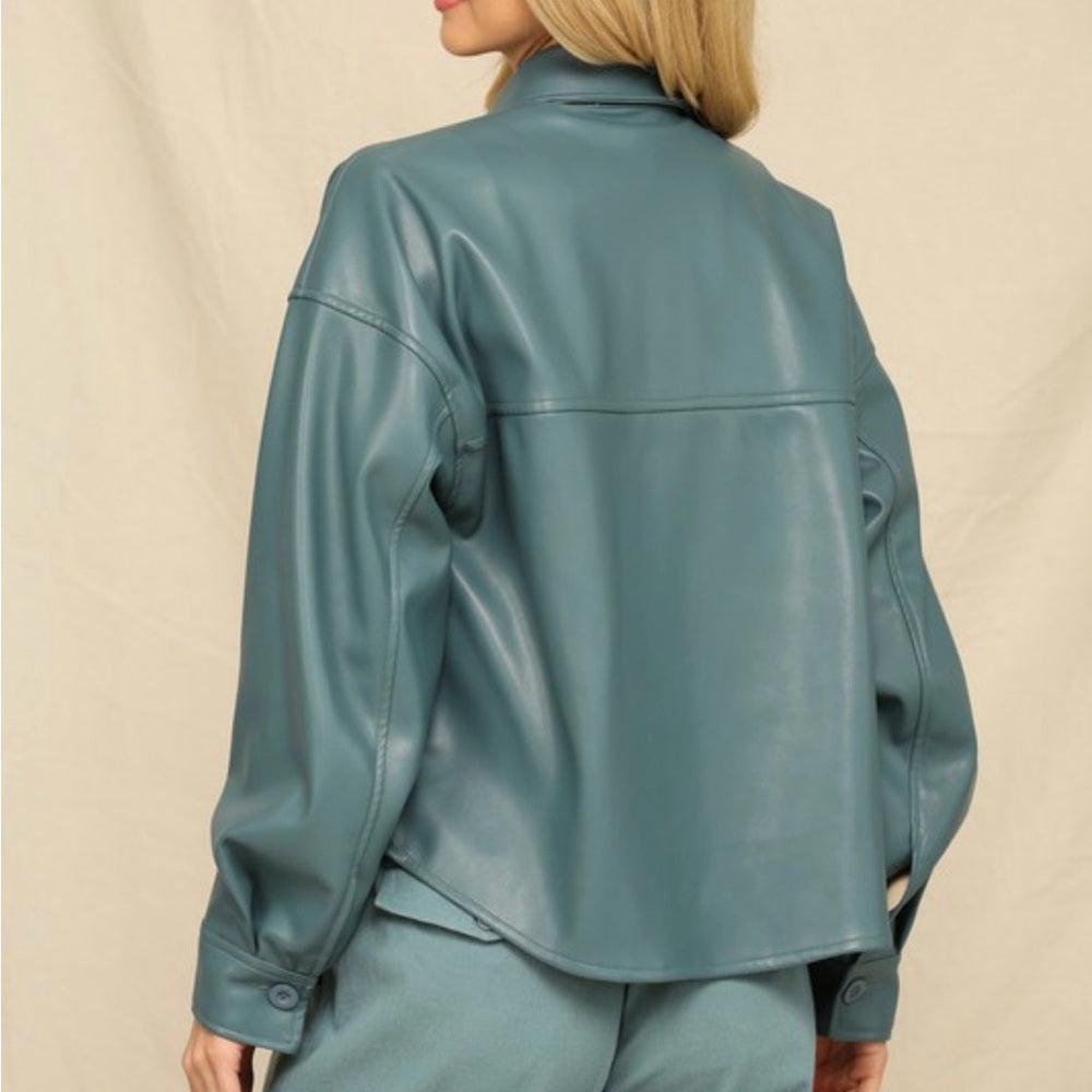 632. Teal Faux Leather Jacket