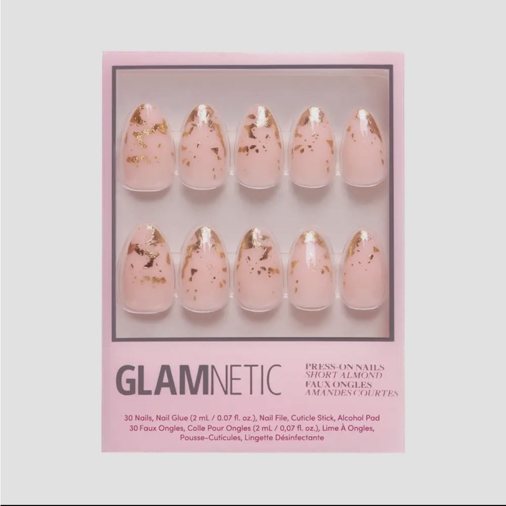 645. Glamnetic 24K Glue-On Nails |Gold Foil Accent| Short Almond Length