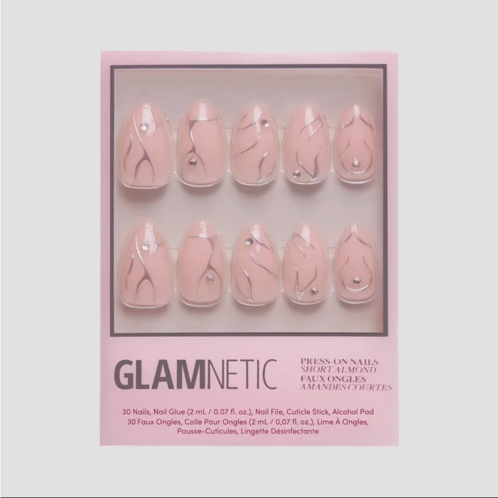 646. Glamnetic Astro Glue-On Nails |3D Raised Metallic Silver |Short Almond