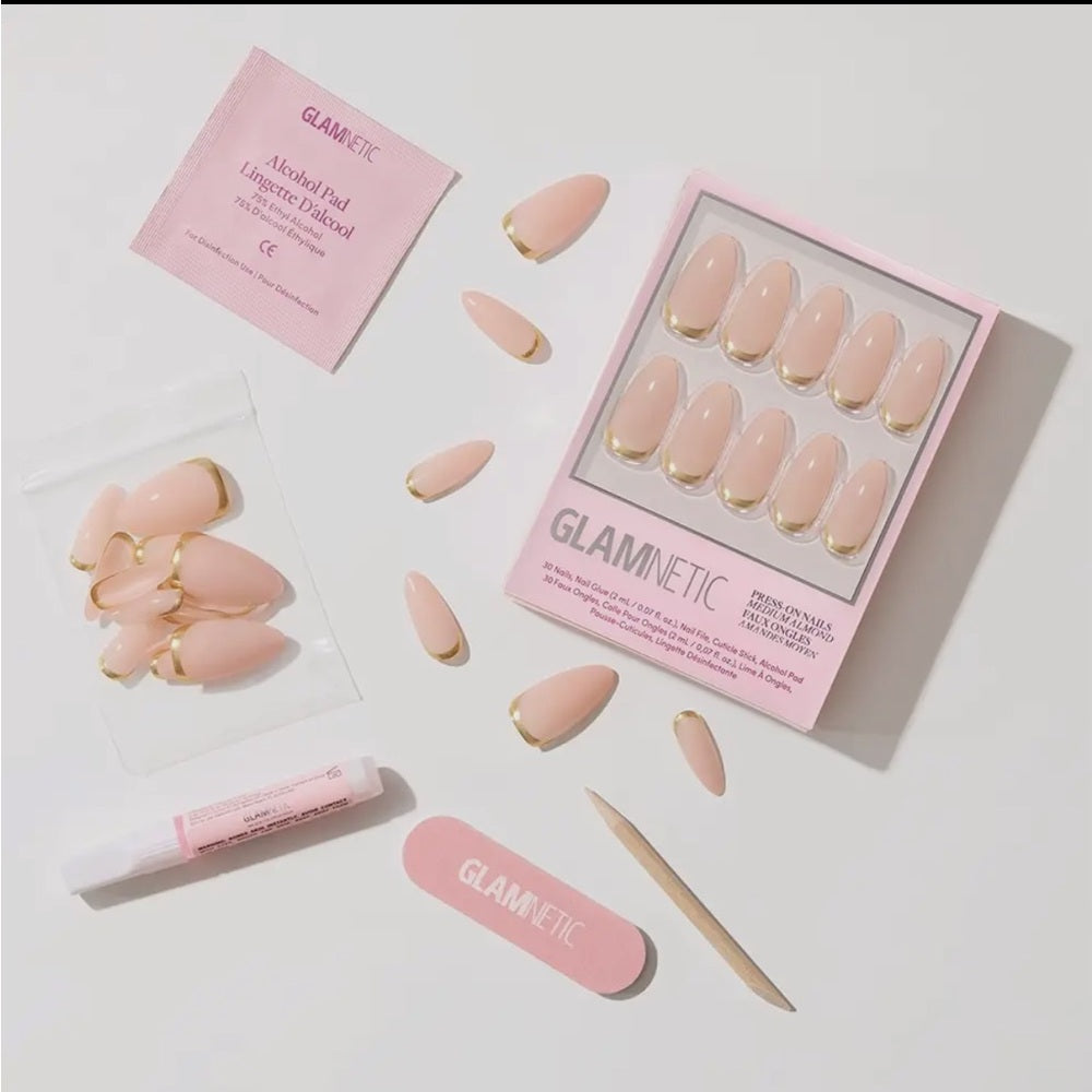 648. Glamnetic Goal Getter Glue-On Nails | Medium Almond Nude Gold Luxe Nails