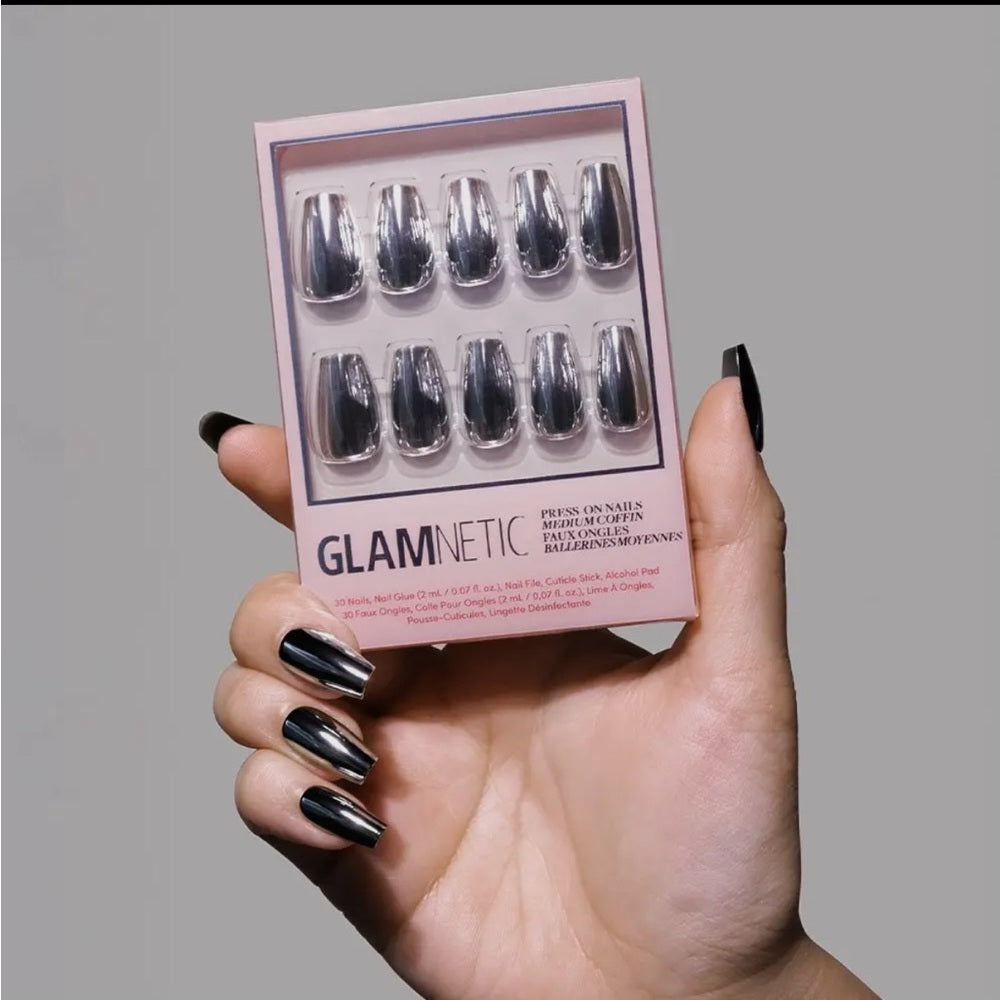 649. Glamnetic Gunmetal Glue-On Nails | Metallic Chrome Medium Nails
