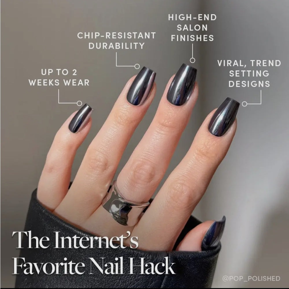 649. Glamnetic Gunmetal Glue-On Nails | Metallic Chrome Medium Nails