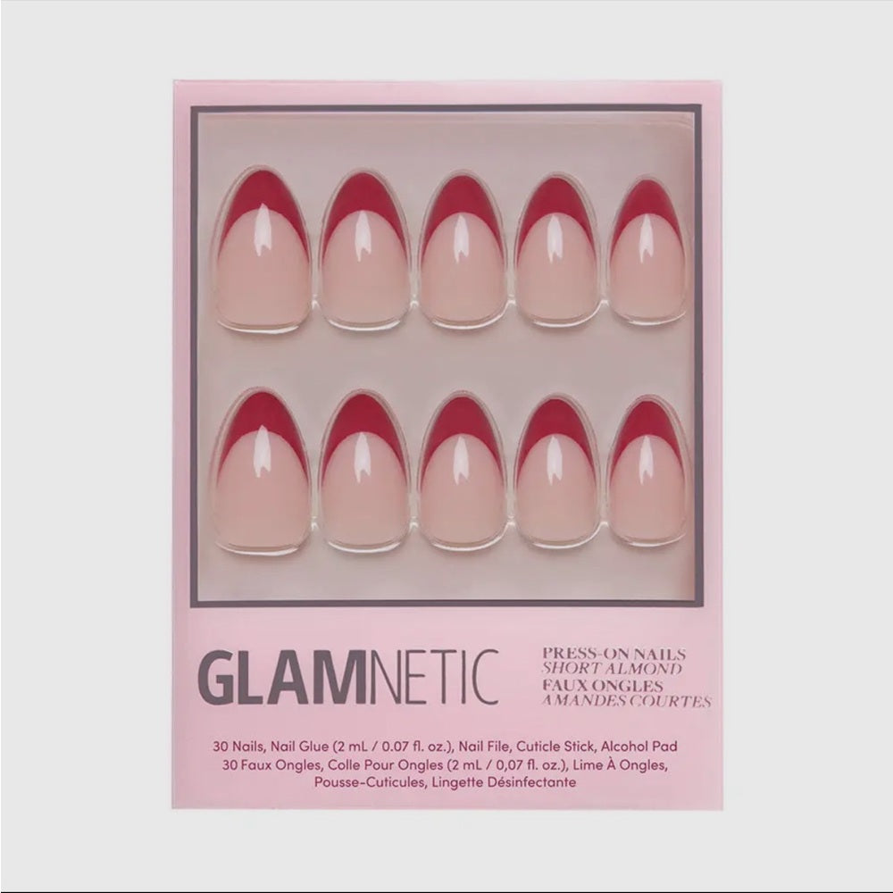652. Glamnetic Rose Garden Glue-On Nails | Red French Tip | Short Almond