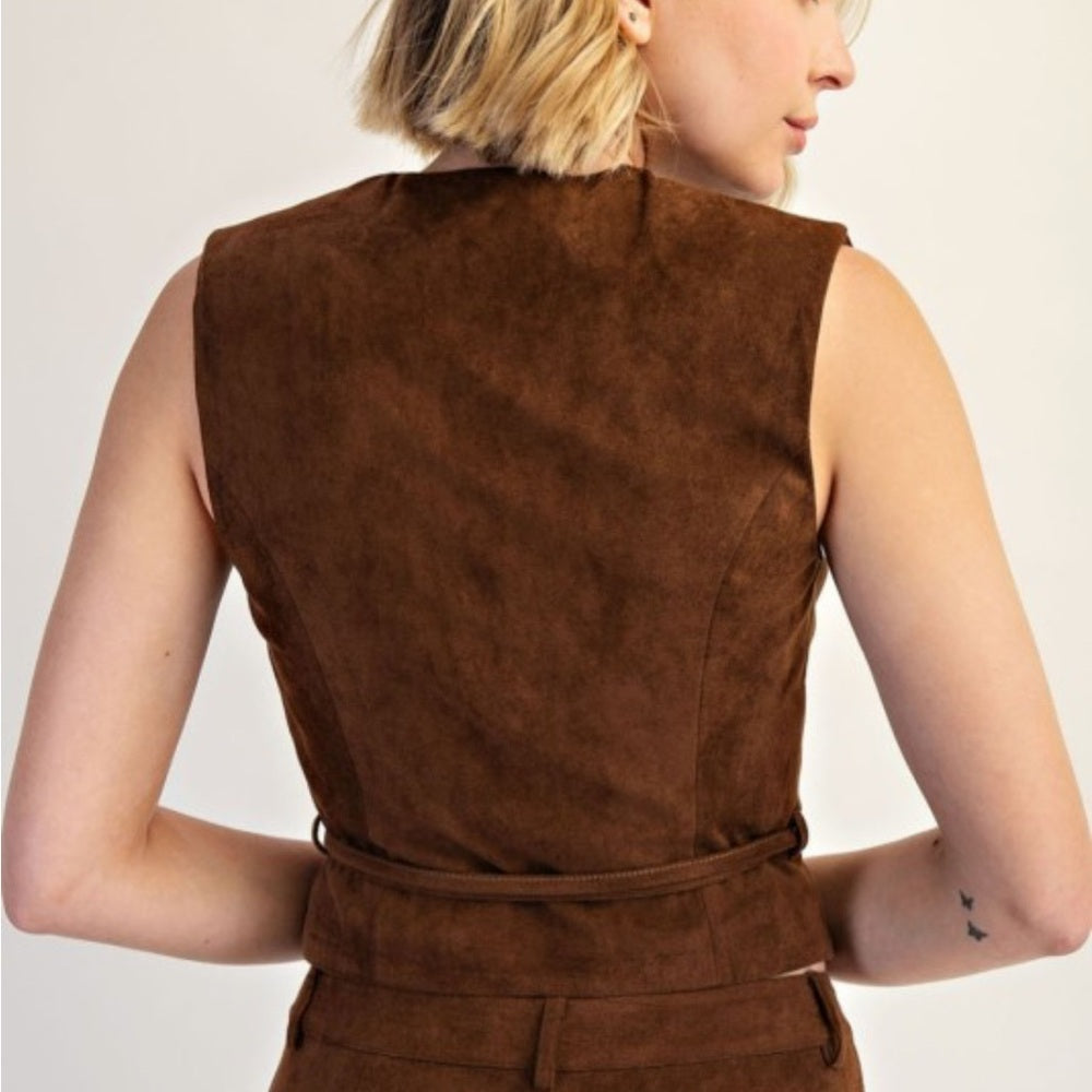 657. Brown Faux Suede Belted Wrap Vest