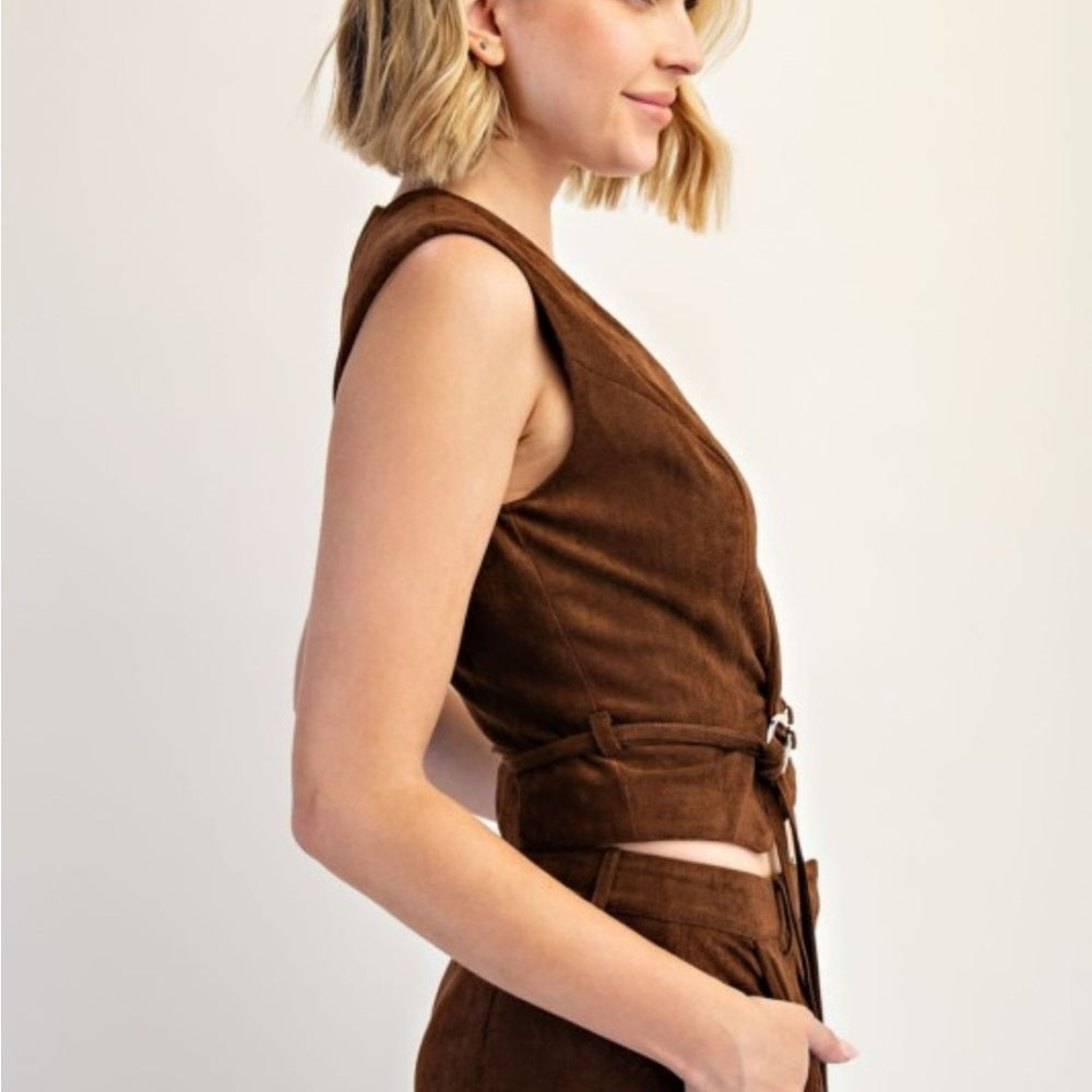 657. Brown Faux Suede Belted Wrap Vest