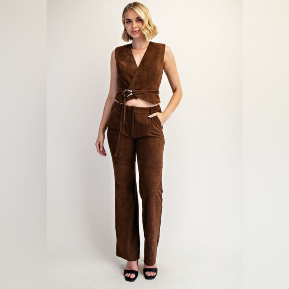 657. Brown Faux Suede Belted Wrap Vest
