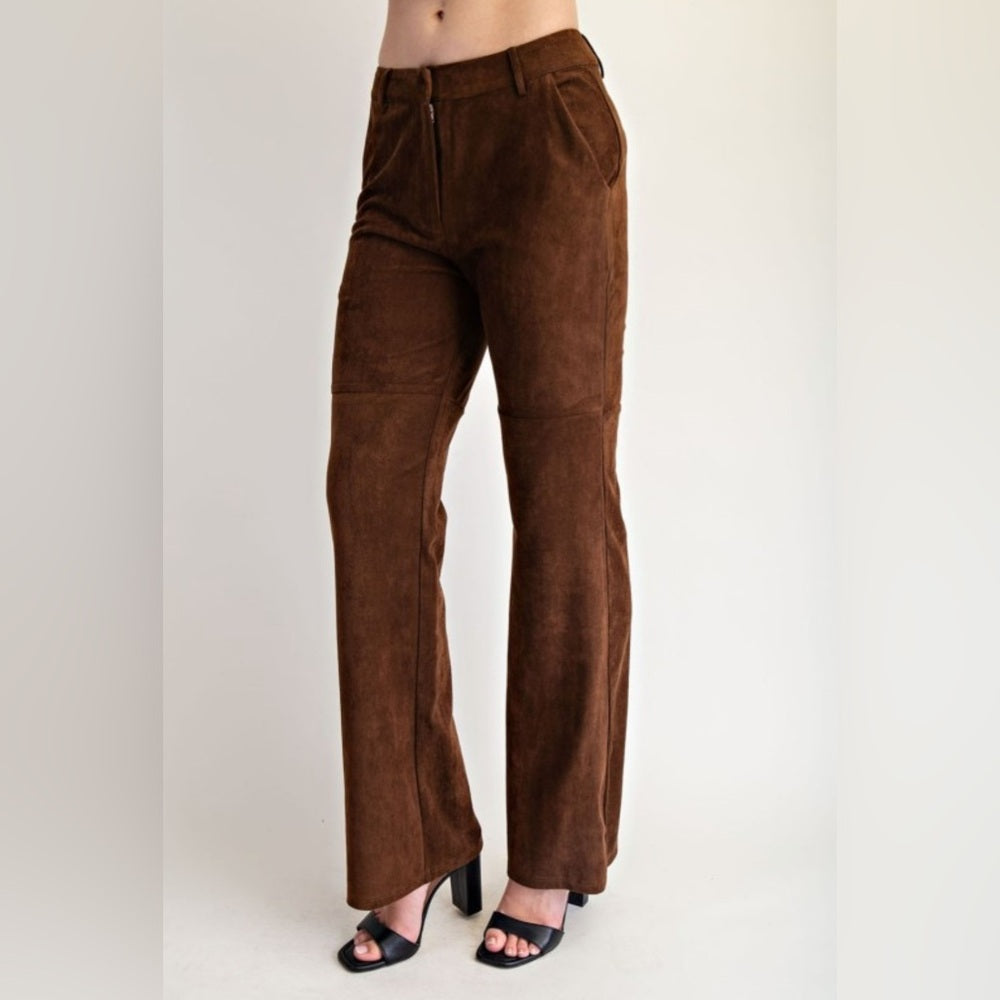 658. Brown Faux Suede Semi Flare Pants