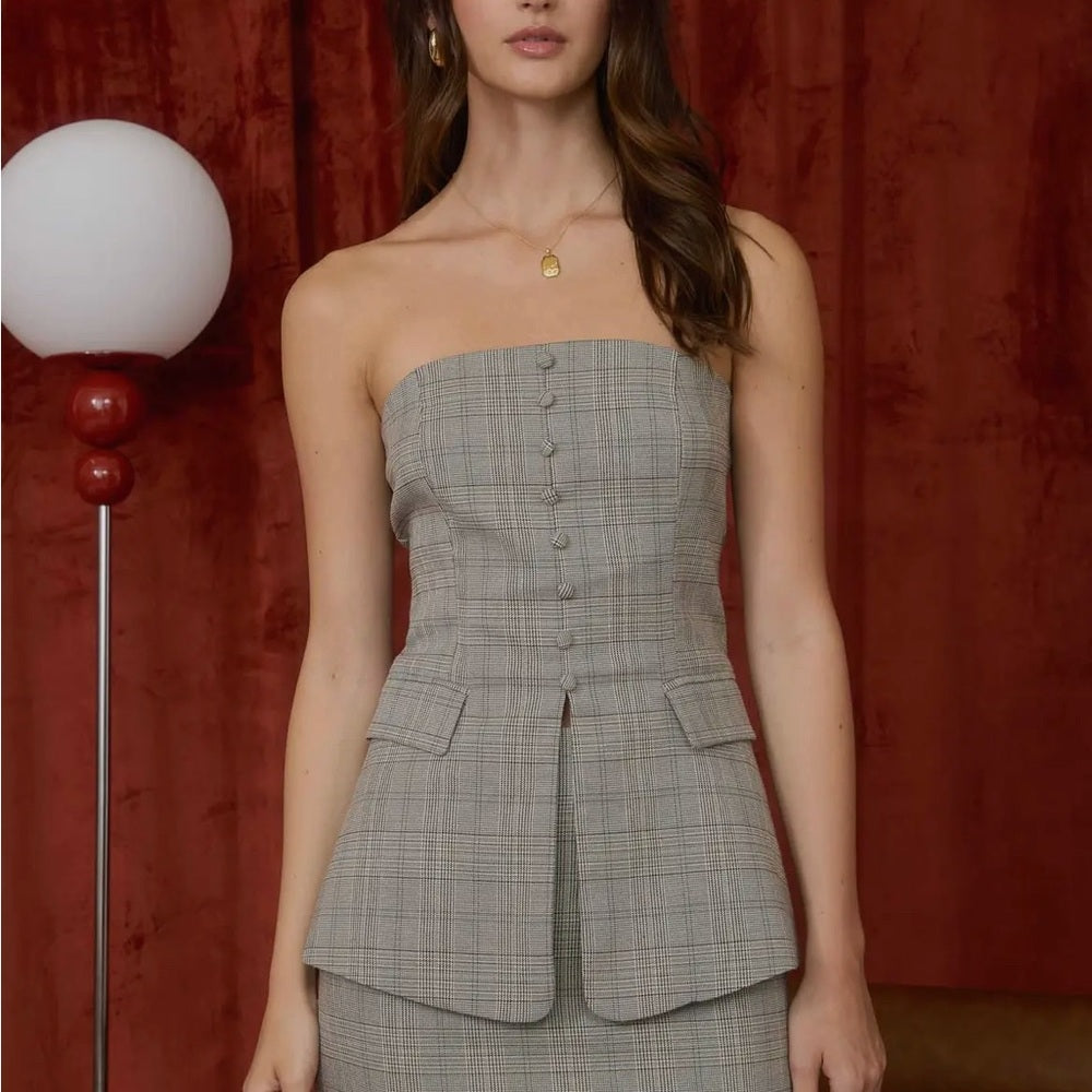 659. Strapless Grey Plaid Peplum Top