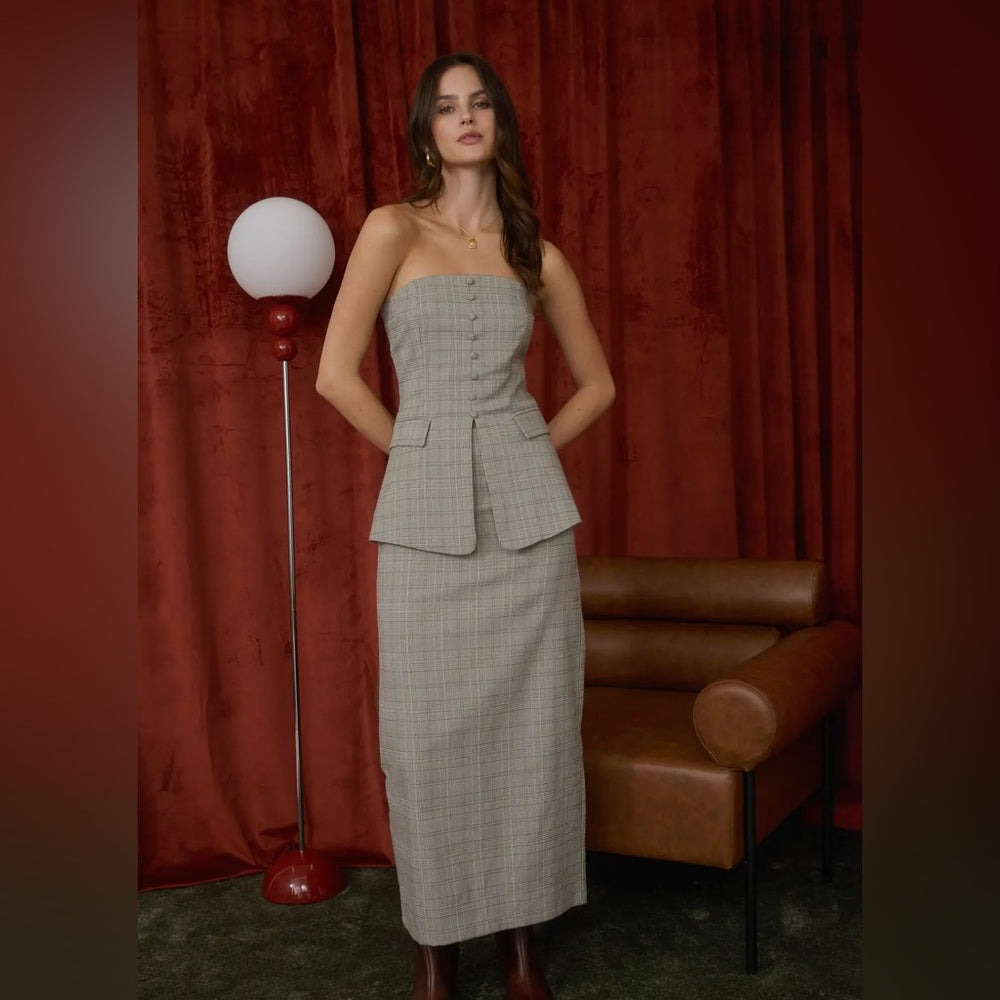 659. Strapless Grey Plaid Peplum Top