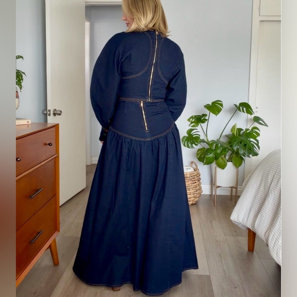 663. Denim Two-Piece Skirt Set with Gold Accents