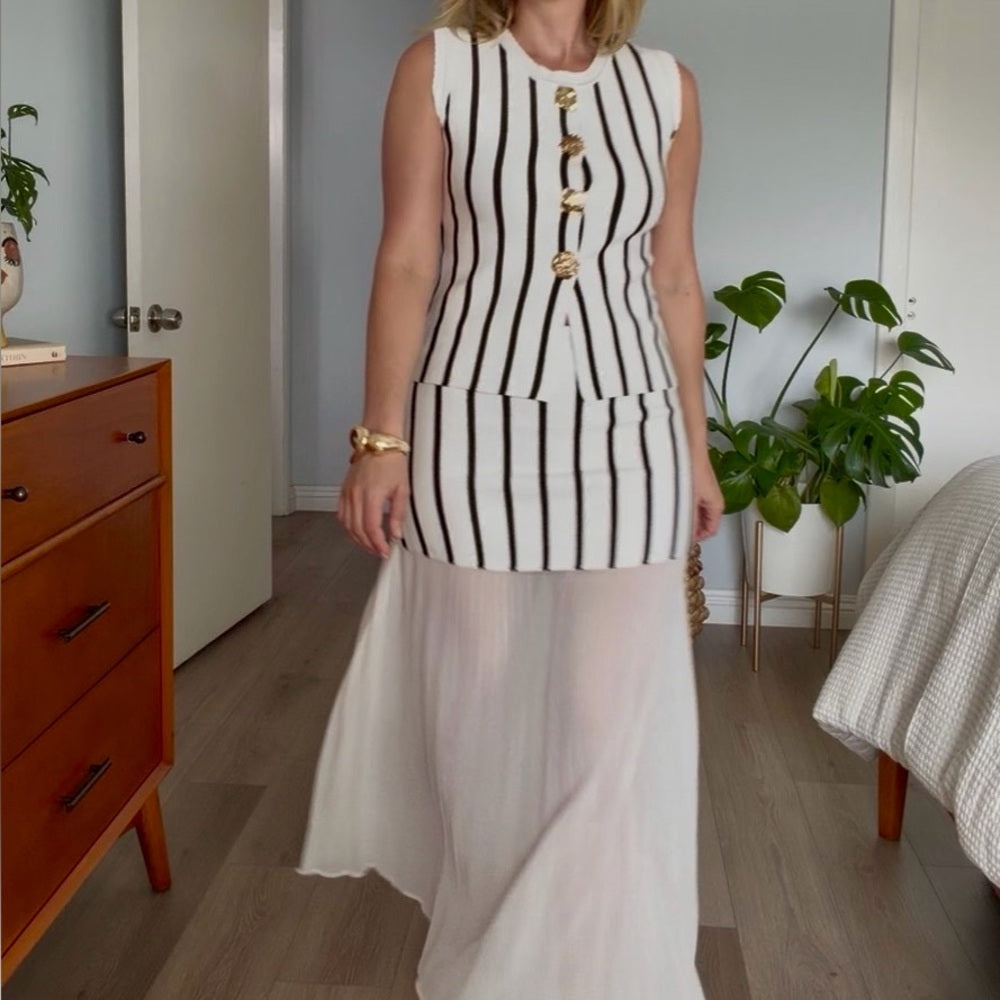 662. White and Brown Striped Sleeveless Top & Skirt Set