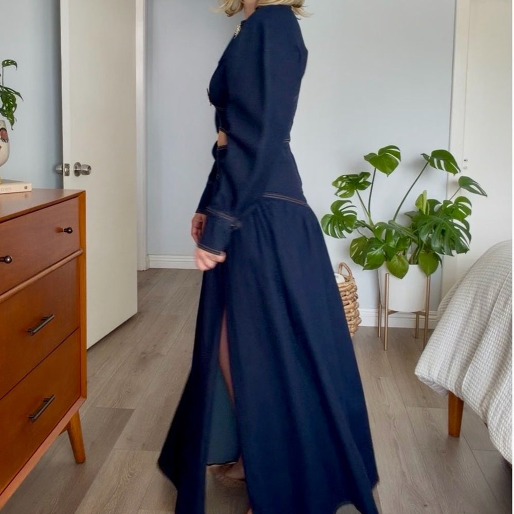 663. Denim Two-Piece Skirt Set with Gold Accents