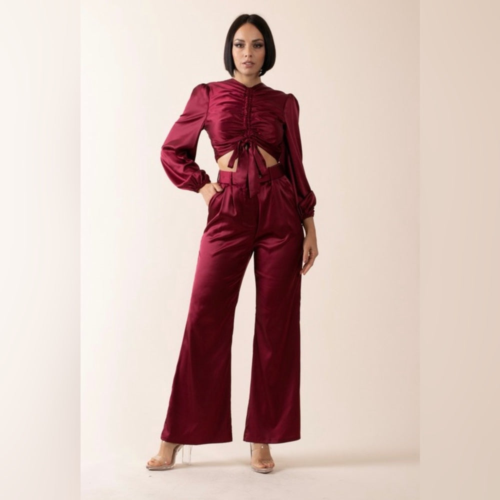 664. Burgundy Satin Two-Piece Set