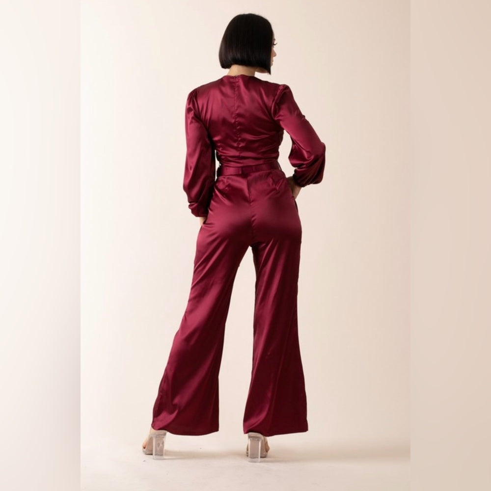 664. Burgundy Satin Two-Piece Set