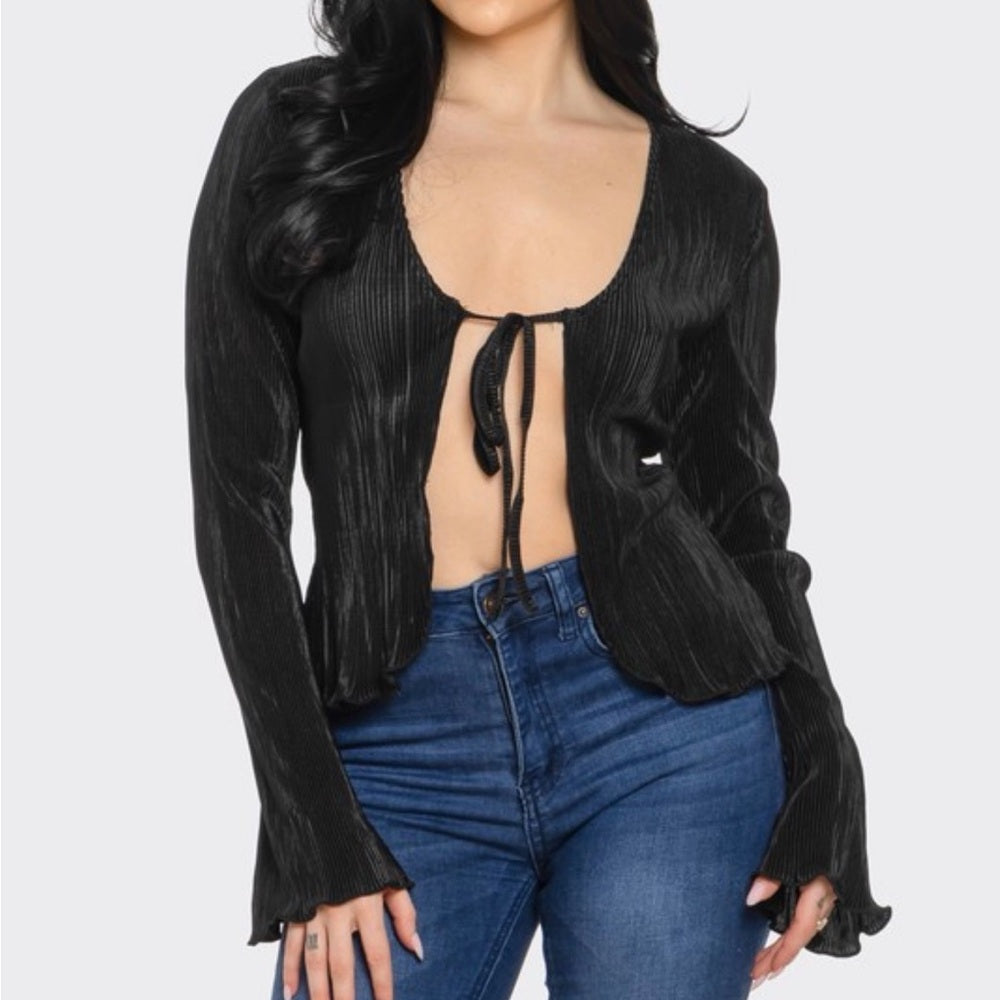 666. Black Tie-Front Long Sleeve Top