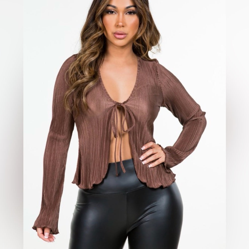 667. Brown Ribbed Tie-Front Top