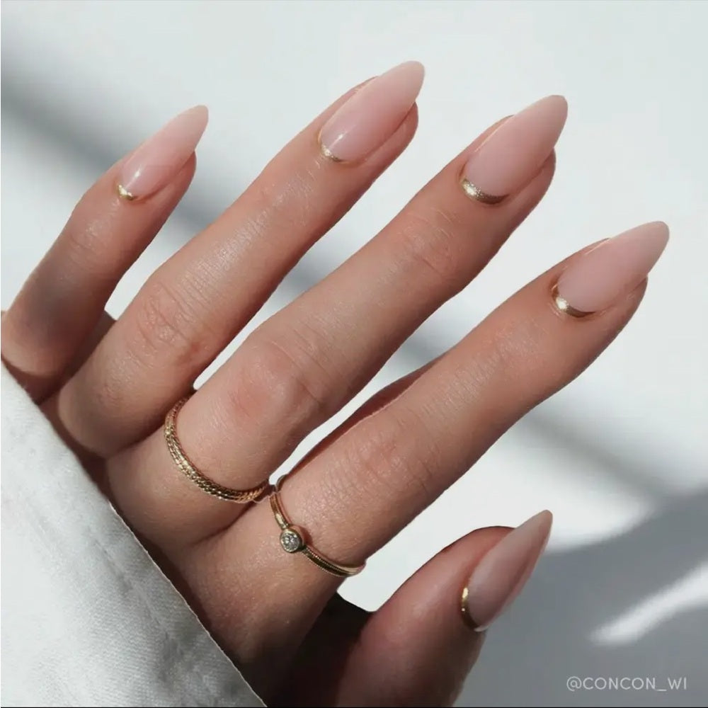 648. Glamnetic Goal Getter Glue-On Nails | Medium Almond Nude Gold Luxe Nails