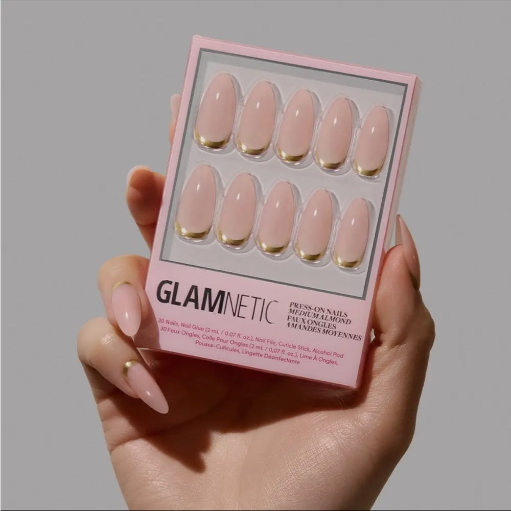 648. Glamnetic Goal Getter Glue-On Nails | Medium Almond Nude Gold Luxe Nails