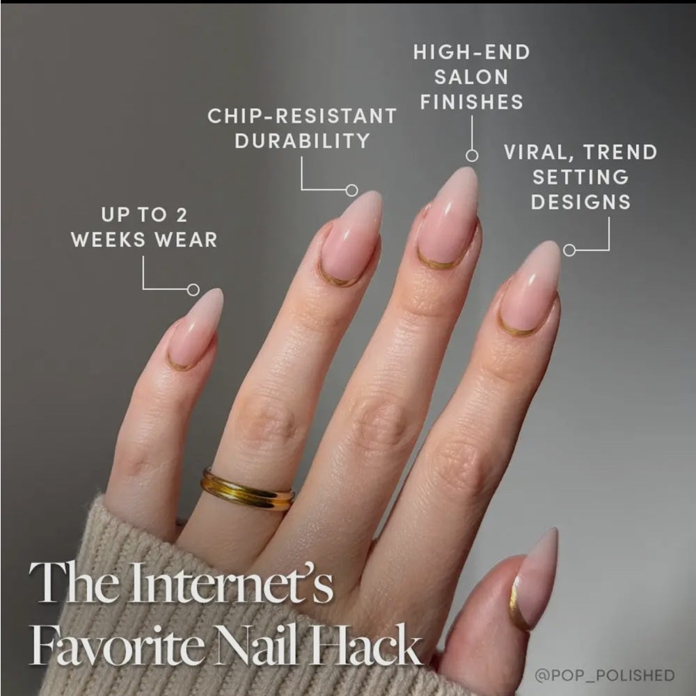 648. Glamnetic Goal Getter Glue-On Nails | Medium Almond Nude Gold Luxe Nails