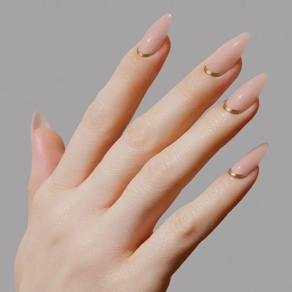 648. Glamnetic Goal Getter Glue-On Nails | Medium Almond Nude Gold Luxe Nails
