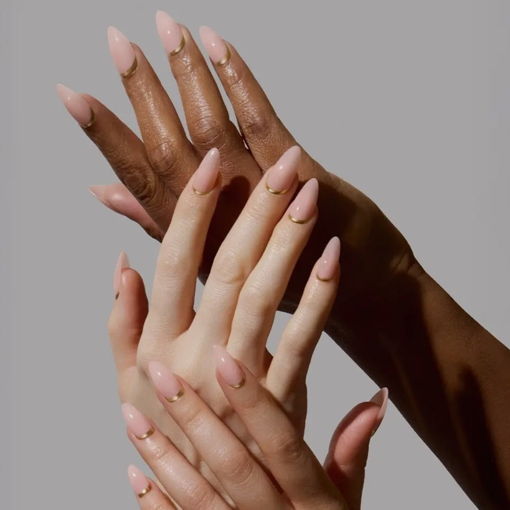 648. Glamnetic Goal Getter Glue-On Nails | Medium Almond Nude Gold Luxe Nails