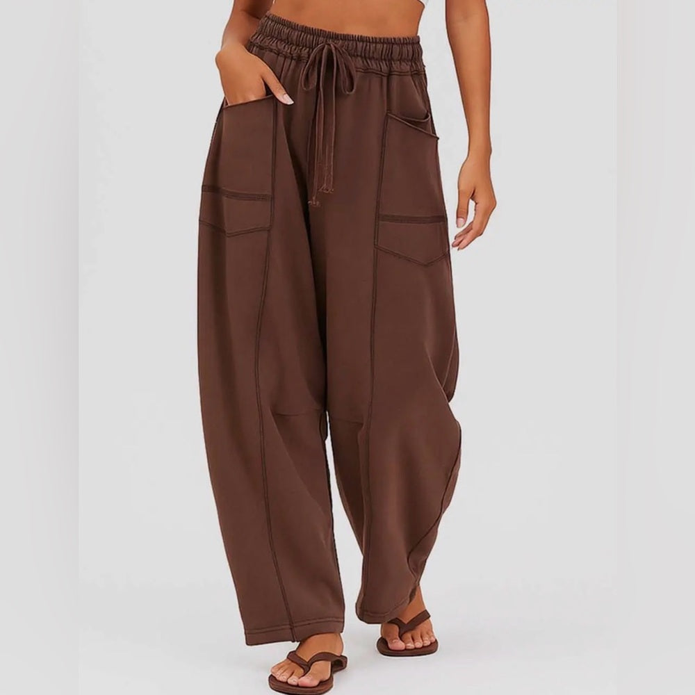 672. Chocolate Brown Wide Leg Drawstring Pants