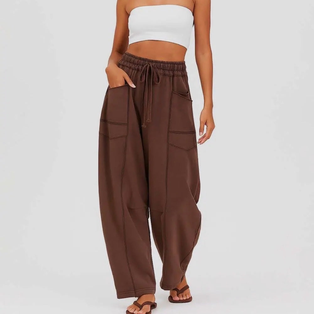 672. Chocolate Brown Wide Leg Drawstring Pants