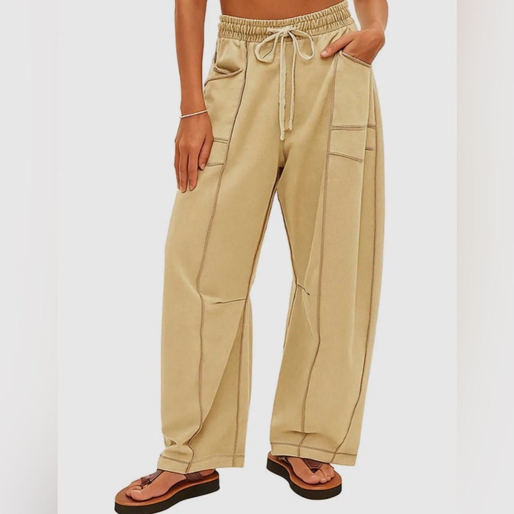673. Beige Wide Leg Drawstring Pants