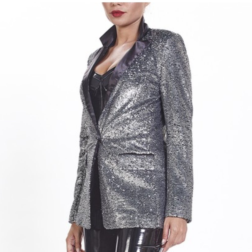 674. Silver Sequin Blazer With Satin Collar
