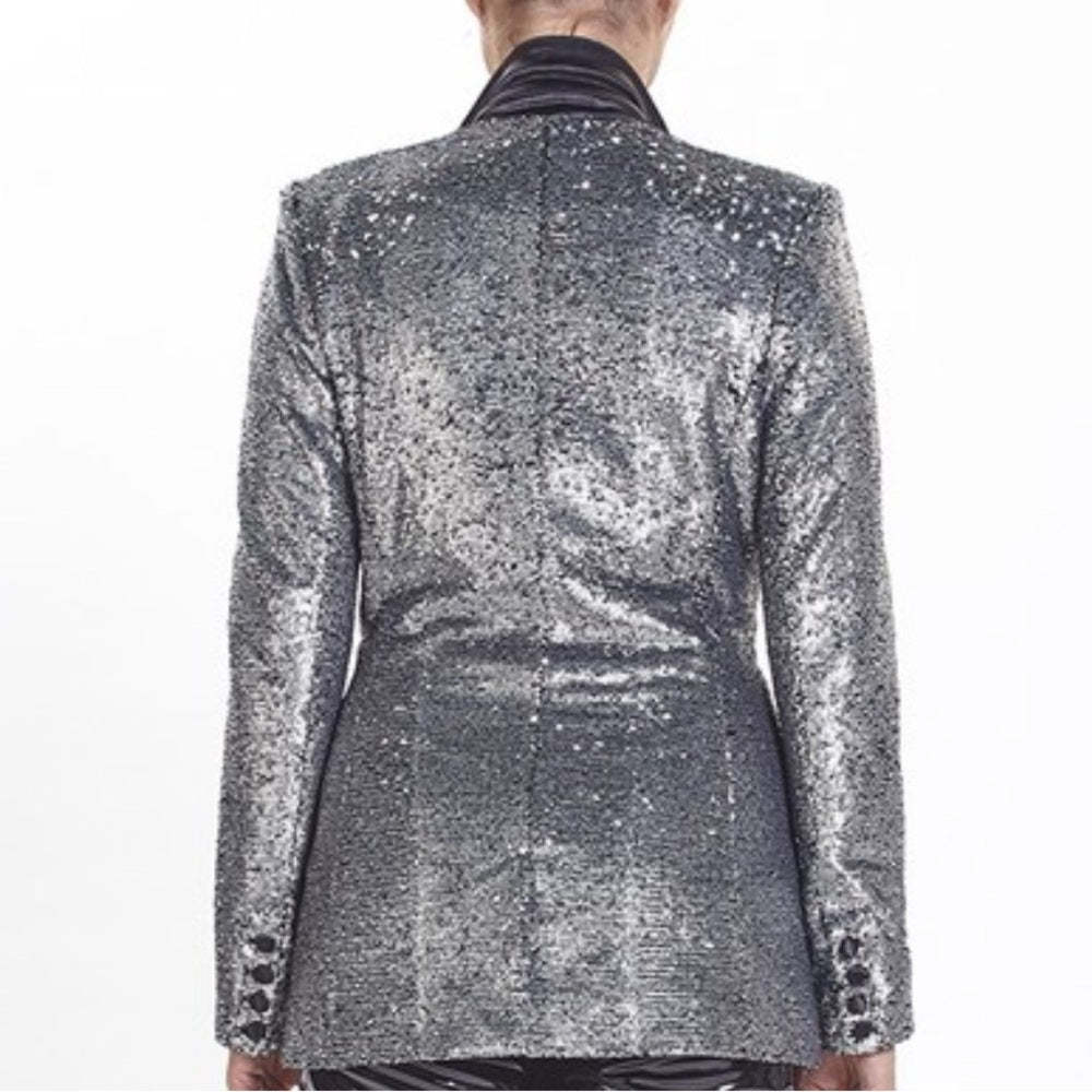 674. Silver Sequin Blazer With Satin Collar