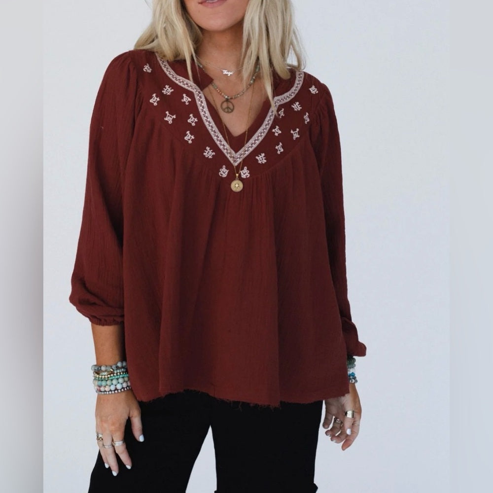 676. Easel Embroidered Maroon Blouse