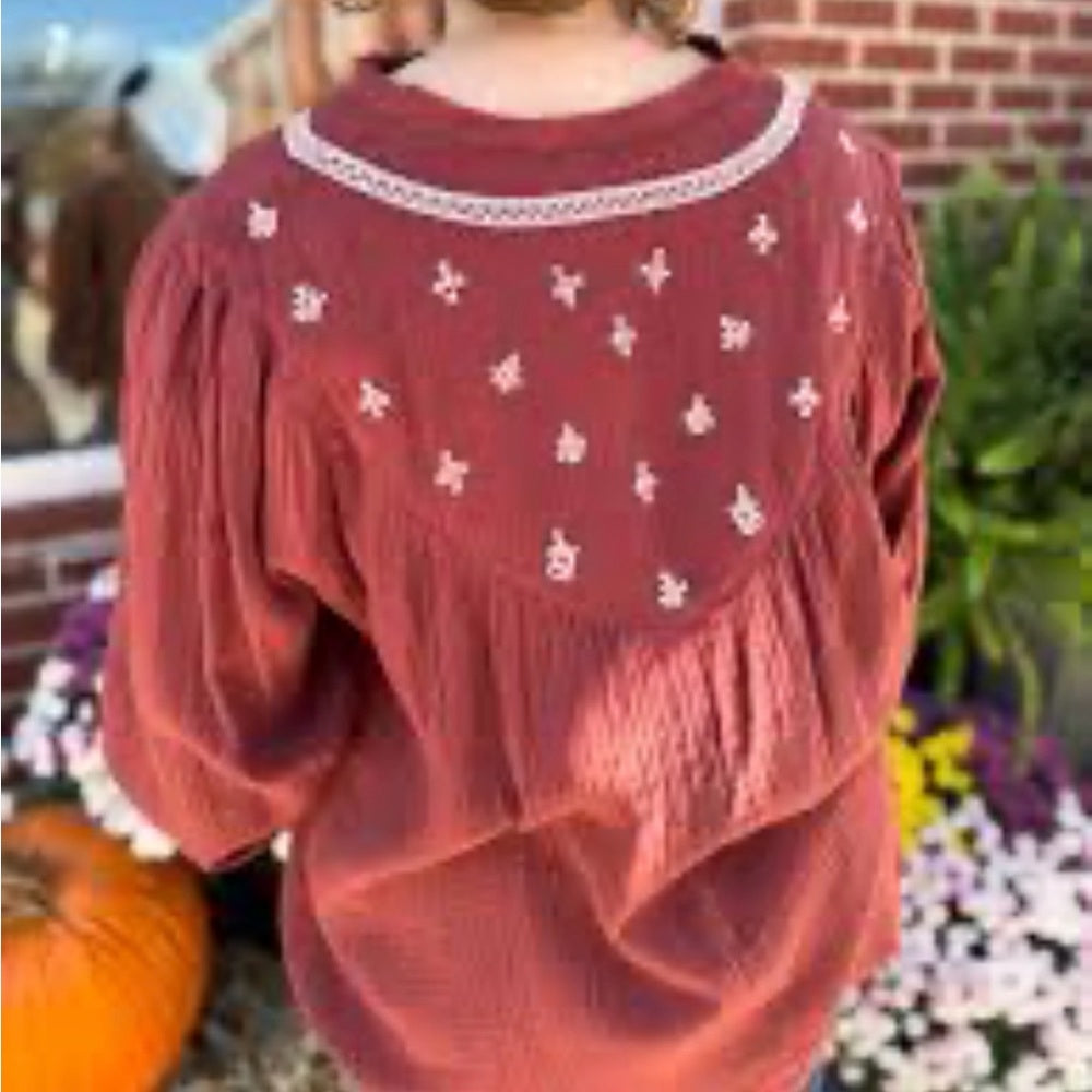 676. Easel Embroidered Maroon Blouse