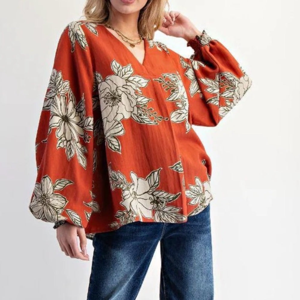 276. Easel Floral Print V-Neck Blouse - Rust Orange
