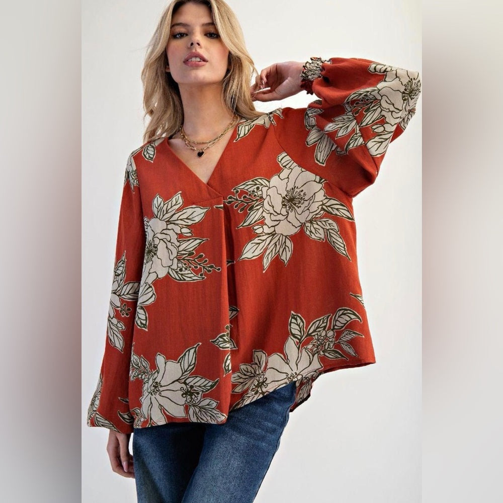 276. Easel Floral Print V-Neck Blouse - Rust Orange