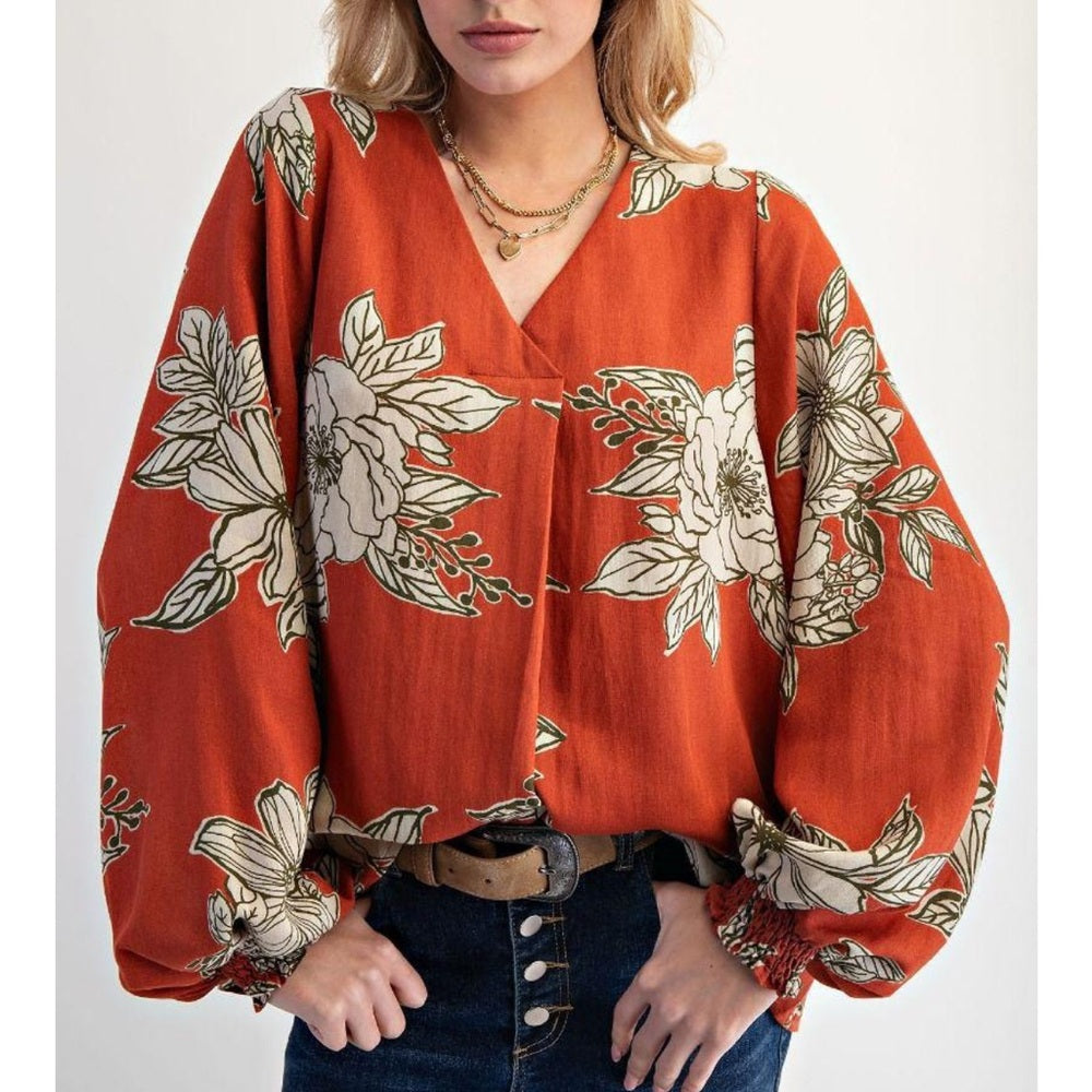 276. Easel Floral Print V-Neck Blouse - Rust Orange