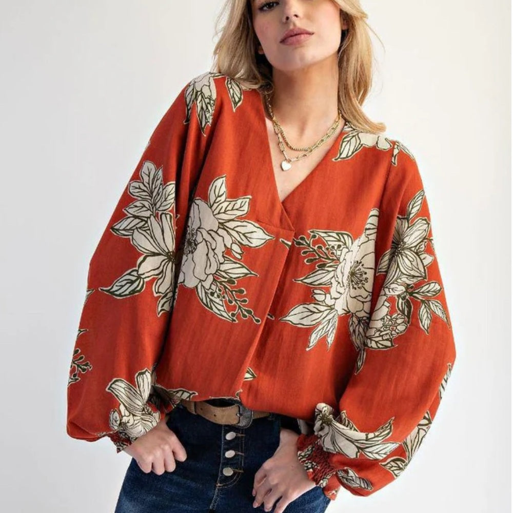 276. Easel Floral Print V-Neck Blouse - Rust Orange