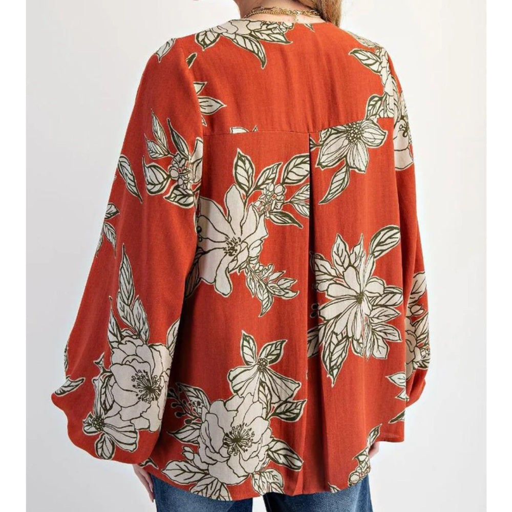 276. Easel Floral Print V-Neck Blouse - Rust Orange