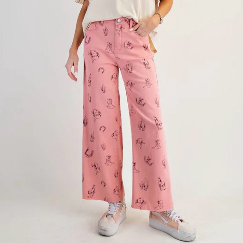 801. Easel Pink Western Print Wide-Leg Pants