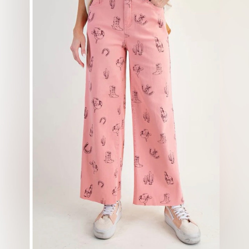 801. Easel Pink Western Print Wide-Leg Pants