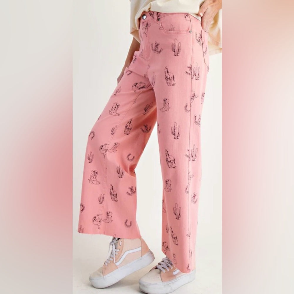 801. Easel Pink Western Print Wide-Leg Pants