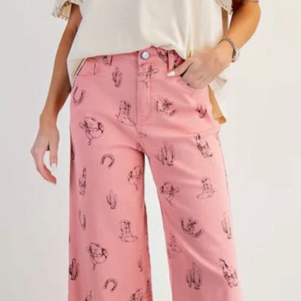 801. Easel Pink Western Print Wide-Leg Pants